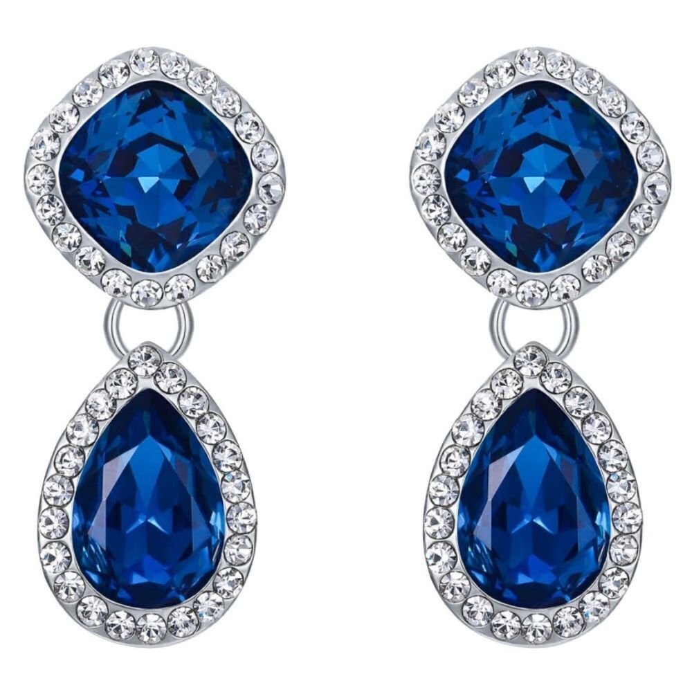 Silver with London Blue Topaz Austrian Crystal Rhombus Teardrop Post Earrings